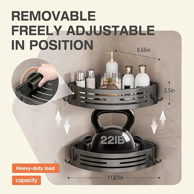 Lekesky Corner Shower Caddy Suction Cup, Corner Shower Shelf with Hooks, Bathroom Shelves No Drilling, Bathroom Organiser for Bathrooms Storage (Aluminum, 2-Pack, Gunmetal Grey)