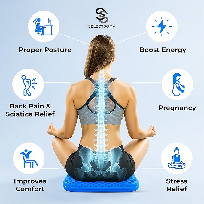 SelectSoma Double-Thick Gel Seat Cushion for Long Sitting Pressure Relief for Back, Sciatica, Coccyx, Tailbone Pain - Cushion for Airplane Travel, Office Chair, Wheelchair, Car & Truck - Egg Seat Pad