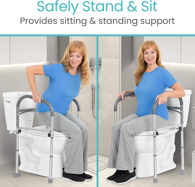Vive Toilet Safety Rail - Medical Chair for Handicapped & Seniors - Folding Bathroom Frame w/Handles, Arms for Elderly, Disabled - Standalone Grab Bar - Seat Assistance Support Stand Up Assist