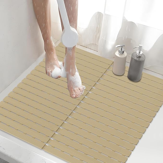 Shower Mat Non-Slip Bath Mat for Tub and Shower Stall,236 Suction Cups with Drain Holes, Quick Dry Machine Washable, Extra Grip for Stand Up Showers, Bathroom Essentials 24x24 Inch (Brown)