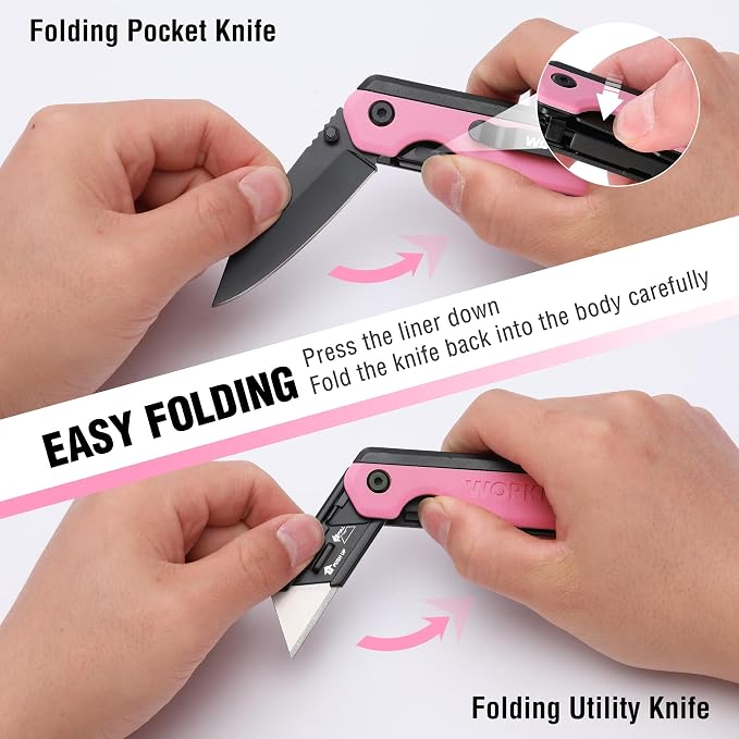 WORKPRO 2-in-1 Folding Knife/Utility Knife, Quick-Change Box Cutter with Belt Clip, Liner Lock, and G10 Handle, Extra 10 SK5 Blades Included - Pink Ribbon
