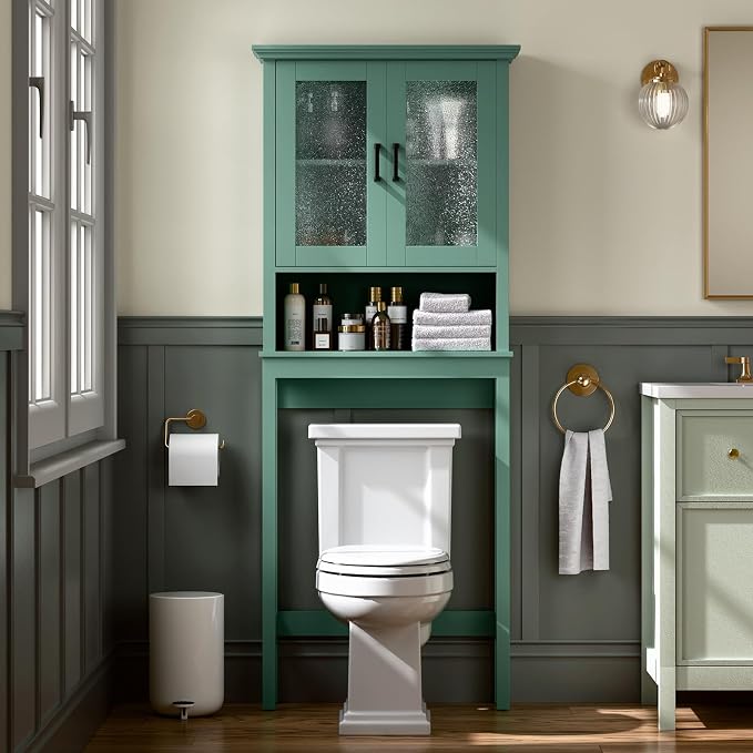 Over The Toilet Storage Cabinet, Over Toilet Bathroom Organizer with Glass Doors and Adjustable Shelf, Thicken Frame Above Toilet Storage Cabinet Behind Toilet Bathroom Organizer, Halcyon Green