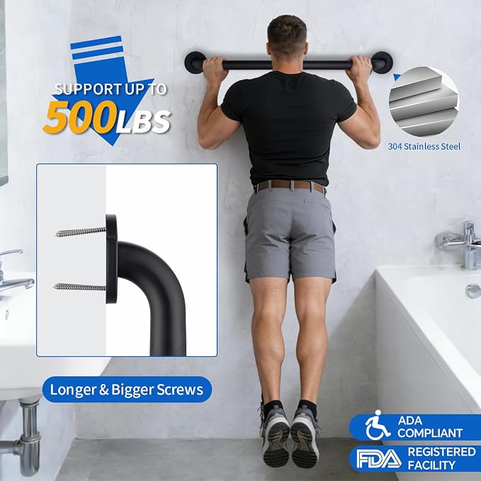 Anti-Slip Shower Grab Bar for Seniors Disabled,Bathroom Safety Bars for Wall Mount,High Load Capacity Toilet Grab Bars,Water-Resistant Shower Safety Bars for Elderly (Black Knurled, 12-inch Grab Bar)