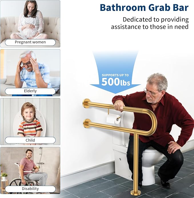 Toilet Grab Bar with Leg 31.5x28 Inch, ZUEXT Brushed Gold Knurled Toilet Support Bar with Toilet Paper Holder,Stainless Steel Wall & Floor Mounted Bathroom Support Rail for Seniors Disabled Pregnant