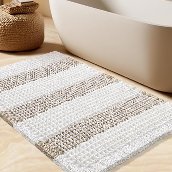 Upgrade Waffle Bath Mat, Boho Bathroom Rugs Absorbent Non Slip, Ultra Soft Bathroom Mat, Machine Washable Knit Bath Rugs with Stripe for Bathroom, Bedroom, Kitchen, Shower,Tub, 24"x17", Beige & White