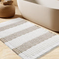Upgrade Waffle Bath Mat, Boho Bathroom Rugs Absorbent Non Slip, Ultra Soft Bathroom Mat, Machine Washable Knit Bath Rugs with Stripe for Bathroom, Bedroom, Kitchen, Shower,Tub, 24"x17", Beige & White