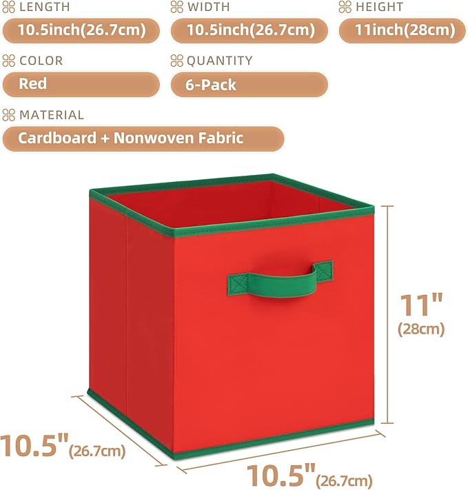 STORAGE MANIAC Storage Cubes, 11 Inch Durable 6 Pack Storage Shelf Basket for Christmas, Fabric Foldable Collapsible Bins with Handles for Organization, Closet, Shelves, Offices, Red