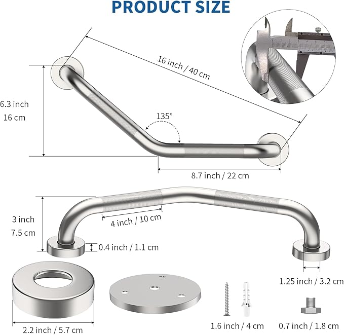 16 Inch Angled Shower Grab Bar, Munzong Anti Slip Satin Brushed Nickel Bathroom Grab Bar, Knurled Bathroom Balance Bar,Safety Hand Rail Support Handicap Elderly Injury Senior Assist Bath Handle