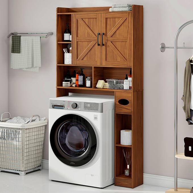 Vabches Over The Toilet Storage Cabinet, Farmhouse Storage Cabinet Over Toilet with 2 Barn Door & Toilet Paper Holder Stand，Home Space-Saving Toilet Rack, for Bathroom, Restroom, Laundry.Caramel