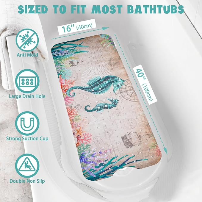 Ocean Bathtub Mat Non Slip, Cute Baby Bath Mat for Tub Rubber Tub Mat, Seahorse Coral Toddler Kids Bath Mats for Bathroom Anti Slip Shower Mat with Suction and Drain Holes Machine Washable, 40″x16″