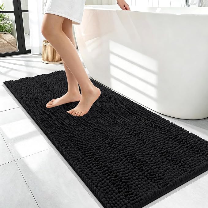 OLANLY Thick Bathroom Runner Rugs 47x17, Extra Absorbent Chenille Striped Bath Rugs, Rubber Backing, Machine Wash Dry, Long Bath Mats for Bathroom Floor, Tub and Shower, Home Decor Accessories, Black