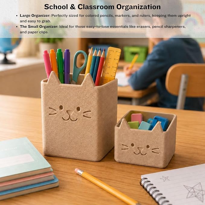 Office Desk Accessories, Set of 2 Pencil Cups, Cute Cat Pen Holder, Cute Desk Decor, Bathroom Organizer, Toothbrush Holders with Drainage, Makeup Brush Organizer, Cat Lover Gifts (Matte Latte Brown)