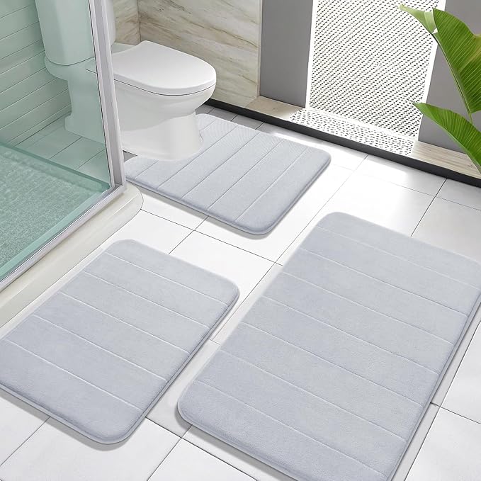 Yimobra Memory Foam Bath Mat Set 3 Pieces- Super Soft Absorbent Quick Dry Bathroom Rug Sets, Machine Washable Non Slip Floor Carpet for Tub Shower, Vanity & Toilet Base, Silver