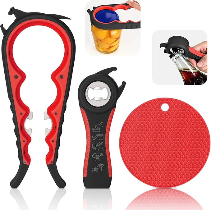 Jar Opener Set - 6-in-1 Adjustable Jar Opener Can Opener, 4-in-1 Bottle Opener Lid Opener & Rubber Jar Gripper, Multifunctional Kitchen Gadget for Seniors, Arthritis, Weak Hands (Red&Black)
