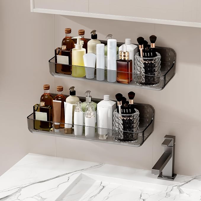 Diesisa 2pc Acrylic Wall Mounted Shower Caddy, Adhesive Shelf, Bathroom Shelves for Wall, Self Adhesive Organizer, No Drilling Hang Walls, for Bathroom, Kitchen, Living Room