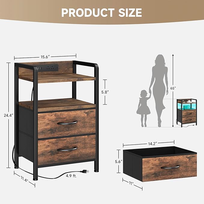 Lazzanto Night Stand Bedside Table Bedroom - Nightstand with Charging Station, Night Stand with LED Light Strip, End Table with U-S-B Ports & AC Outlets, Storage Shelf & 2 Fabric Drawers, Rustic Brown