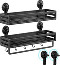 Suction Cup Shower Caddy, 11.8 inch Extended Version,5 Hooks & Towel Rrack, No Drilling Required, Rust-resistant Bathroom Shower Organizer,with 2 Extra Suction Cups for Replacement Use (2Pack-Black)
