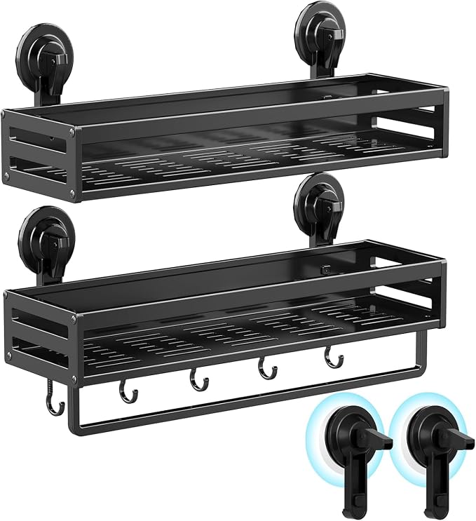 Suction Cup Shower Caddy, 11.8 inch Extended Version,5 Hooks & Towel Rrack, No Drilling Required, Rust-resistant Bathroom Shower Organizer,with 2 Extra Suction Cups for Replacement Use (2Pack-Black)