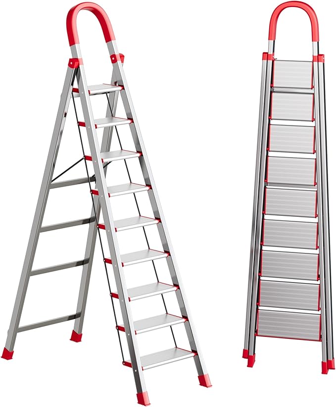 9 Step Ladder,Heavy Duty Step Stool with Non-Slip and Widen Pedals,Step Ladder with Safe Handrail,Space Saving for Home,Kitchen,Indoor & Outdoor