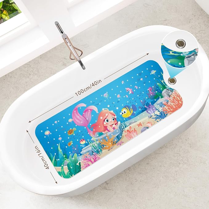 SHUCHING Mermaid Bath Mat for Tub Non Slip-40 X 16 Inch, Girl Bathtub Mat Non Slip, Long Shower Mat for Toddler Baby Kids