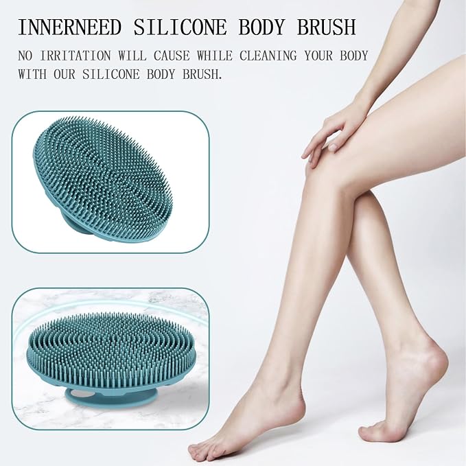 INNERNEED Food-Grade Soft Silicone Body Scrubber Shower Brush Handheld Cleansing Skin Brush, Gentle Exfoliating and Lather Well (Dark Green)