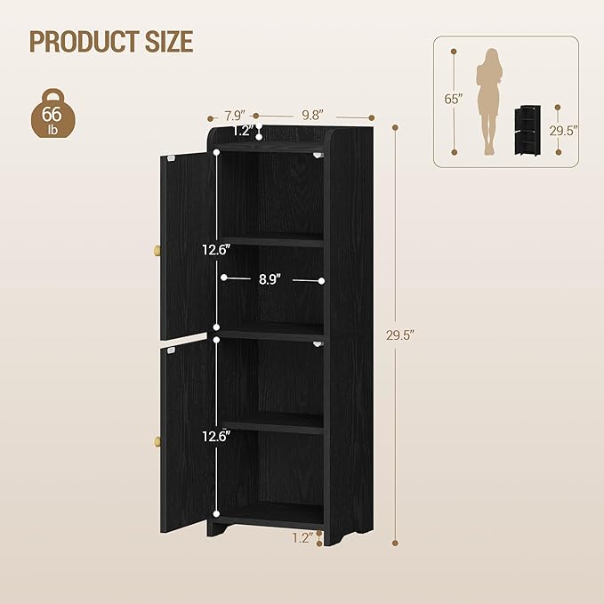 Hzuaneri Bathroom Storage Cabinet, Small Corner Floor Cabinet with 2 Doors and Adjustable Shelf, Narrow Toilet Paper Cabinets, Bathroom Organizer for Small Spaces, 7.9" D x 9.8" W x 29.5" Rattan Black
