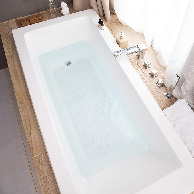 TEESHLY Bathtub Mats for Shower Tub, Extra Long Non-Slip 39 x 16 Inch Bath Mat with Drain Holes and Suction Cups, BathMat for Bathroom with Machine Washable (Clear)