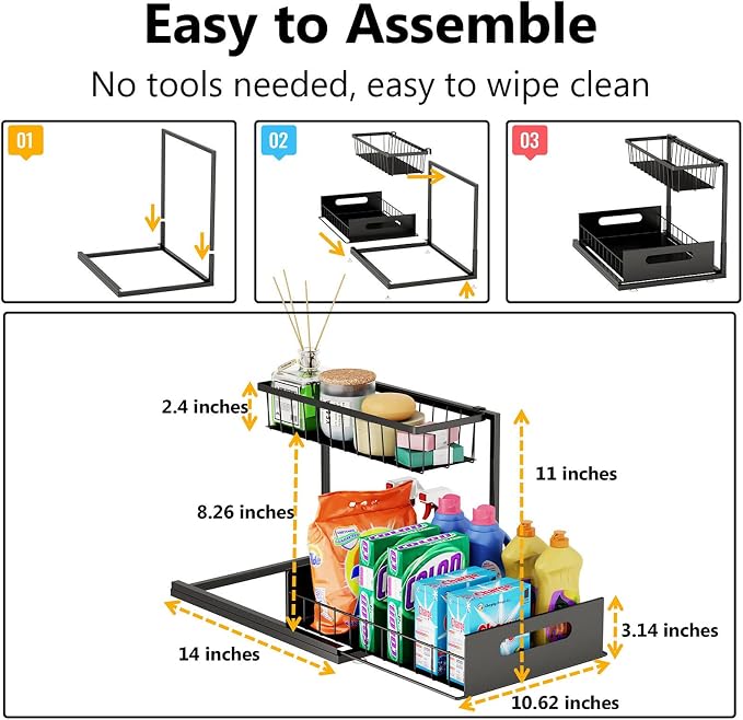 Ceetug Under Sink Organizers and Storage 2 Tier Slide Out Kitchen Cabinet Organizer Sturdy Metal Bathroom Storage (Black, 1 Pack)