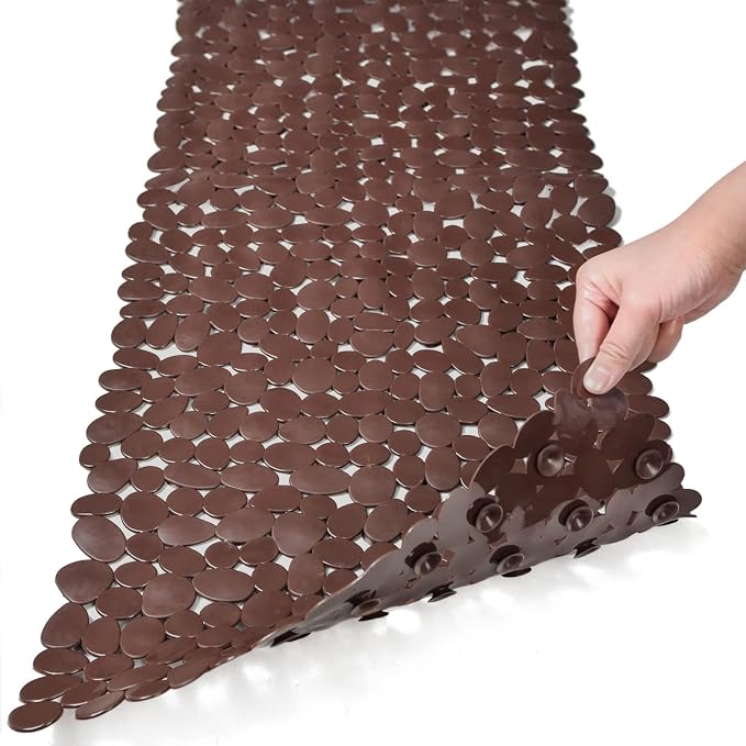 SONGZIMING Bathtub Mat Non Slip Pebble Bath Shower Mat with Drain Holes, Suction Cups Mat for Tub (16" W x 35" L,Brown)