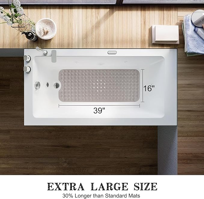 Bathtub and Shower Mats, Extra Long Non-Slip Bath Tub Mat 39 x 16 Inch, Machine Washable Bathmat with Suction Cups & Drain Holes for Bathroom Floor, Tan
