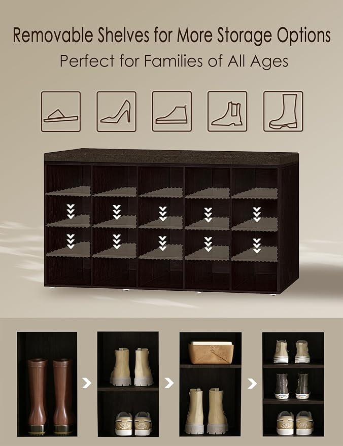 DINZI LVJ Shoe Storage Bench, 20-Cubby Shoe Rack Bench with Cushion, Fully Adjustable Shelves, Shoe Organizer for Closet, Entryway, Mudroom, Hallway and Garage, Espresso