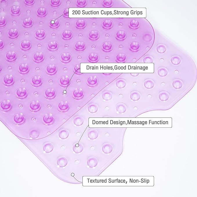 Extra Long Bathtub Mat Non Slip, Clear Purple Soft Bath Mat for Tub 40 x 16 Inch Full Size, Bath Tub Shower Mats for Bathroom Floor, Big Suction Cups and Drain Holes, Easy Washable, BPA Free