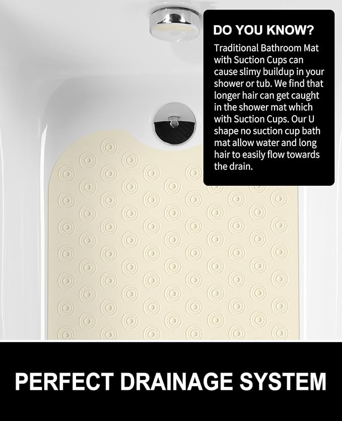 OTHWAY No Suction Cup Bath Mat: 39x16 inch Extra Long Bathmat│Perfect for Refinished or Ordinary Bath Tubs│Made of Nature Rubber│a Blessing for the Elderly and Children (Beige)
