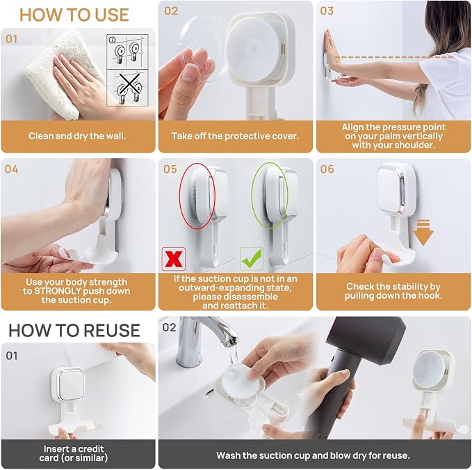 LEVERLOC Vacuum Suction Cup Razor Holder for Shower 2 Pack, Heavy Duty Shower Hooks for Towel, Loofah, Razor, Cell Phone, Damage-Free Hanging Plated Suction Cup Hooks, Easy to Install and Reuse, White