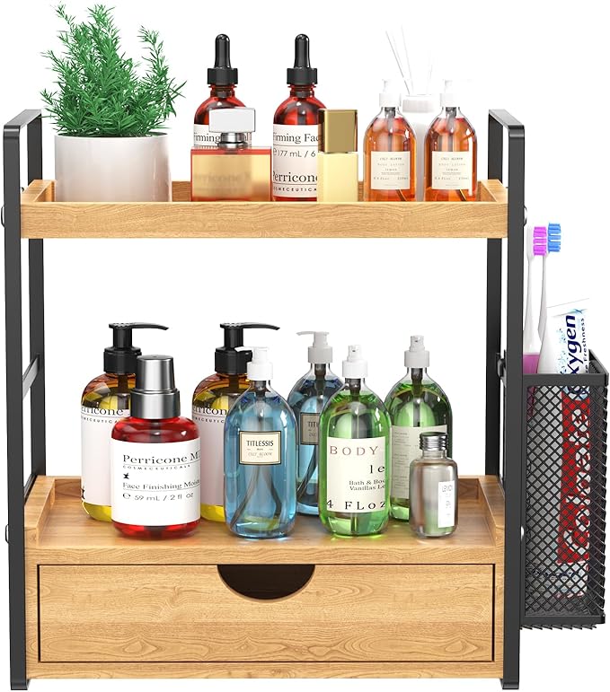 LEMIKKLE Bathroom Counter Organizer with Drawer and Basket,Wood Countertop Organizer for Bathroom Decor Makeup Tray for Perfume Skincare Bedroom Kitchen Corner