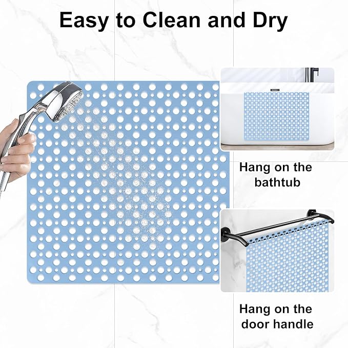 Anti Slip Shower Mat with Suction Cups,27x27 Inch Quick Drain TPE Non Slip Shower Mats for Inside Shower,Large Bath Mat for Shower Soft on Feet, Easy to Dry&Cut Machine Washable