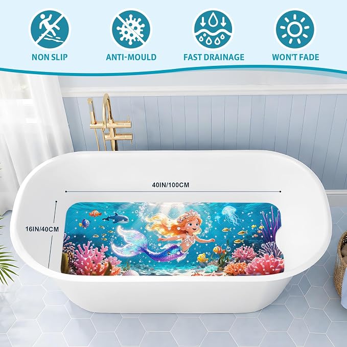 XIYUNTE Baby Bath Mat for Tub Non Slip Kids, BPA Free Extra Long Bathtub Mat 40x16 with Drain Holes and 200 Suction Cups, Non Toxic Machine Washable Toddler Bath Mat, Eco-Friendly Certified