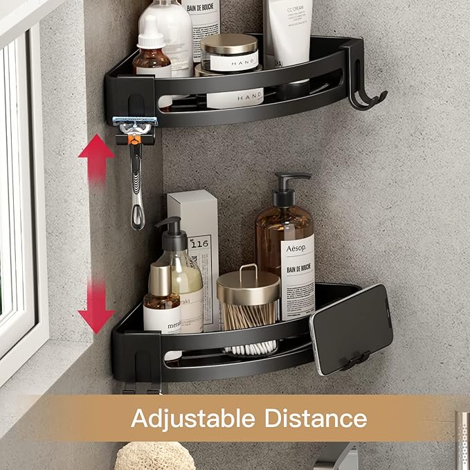 VOLPONE Corner Shower Caddy with Razor Holder Adhesive Shower Shelf Corner No Drilling Bathroom Corner Shower Organizer Storage Rack (2-Pack, Black)