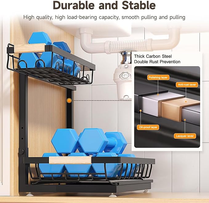 Sevenblue 2 Packs Under Sink Organizer, Height Adjustable 2 Tier Under Kitchen Sink Organizer, Multi-Purpose Storage Shelf for Kitchen Bathroom Cabinet (Black, Extra Large)