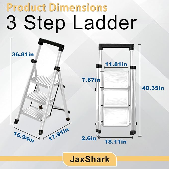 3 Step Ladder with Handrail Folding Step Stool with Tool Tray 500LBS Capacity Sturdy Carbon Steel Frame Anti-Slip Stripe Pedal for Home Kitchen Garage (white-3step)