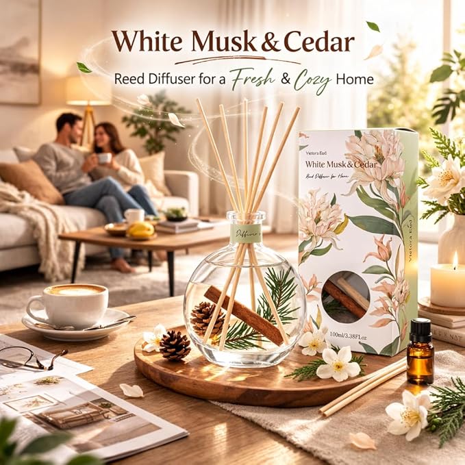 Cedar Wood & White Musk Essential Oil Reed Diffuser for Home&Office, Luxury Hotel Collection Diffuser Oil Inspired by Ritz Carlton, Bathroom,Bedroom&Living Room Shelf Decor,Non-Toxic & Gift Ready