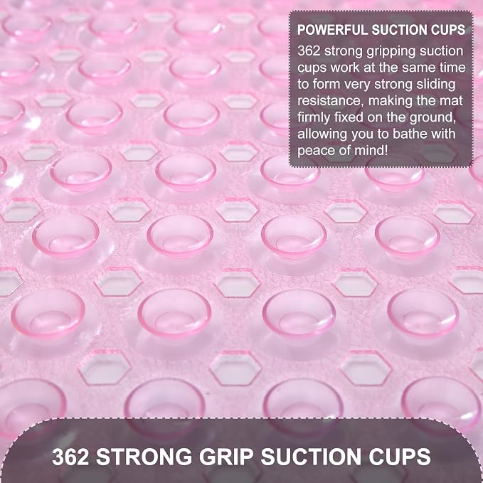 TEESHLY Bath Tub and Shower Mats, Non Slip 40 x 16 Inch Extra Large Bathtub Mat, Machine Washable Bathmat with Drain Holes, Suction Cups for Bathroom Floor, Clear Pink