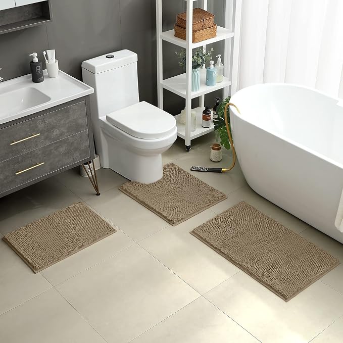 HOMEIDEAS 3 Pieces Bathroom Rugs, Ultra Soft Non Slip Absorbent Chenille Toilet Bath Mat Set (Taupe)