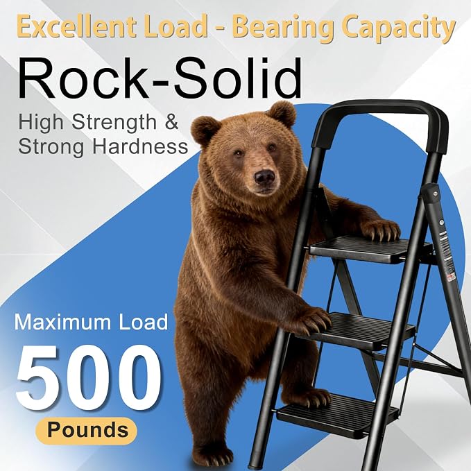 3 Step Ladder Folding Step Stool with Handrail 500LBS Capacity Sturdy Carbon Steel Frame Anti-Slip Pedal & Feet Portable for Home Kitchen Garage Bathroom (black-3step)