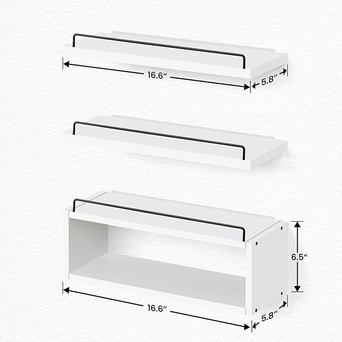 LANDNEOO Floating Shelves for Wall with Cube Shelf, Set of 3 Wood Bathroom Shelves Over Toilet for Storage, Wall Mounted Organizer with Metal Rail for Restroom Decor and Toilet Paper, White