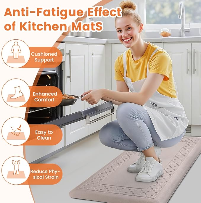 4/5 Inch Thicker Kitchen Mats for Floor Non-Slip Anti Fatigue Comfort Mat Waterproof Kitchen Rug for Sink, Office,Home Stain Resistant Standing Desk Rugs-17.3"x 39", Khaki