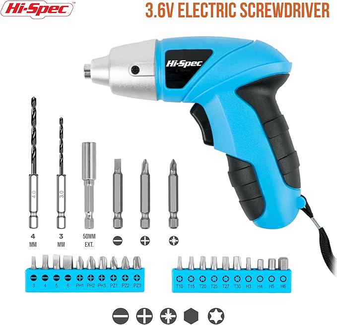 Hi-Spec Small Electric Screwdriver, Mini Drill Set, Rechargeable 3.6V Cordless Screwdriver with 26 Driver Bits, Power Tool for Small Projects & Home Use, Blue