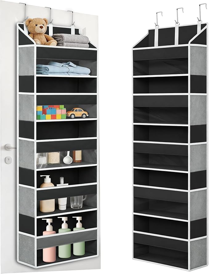 Over the Door Organizer, 5 Large Pockets Hanging Storage with Clear Windows, 10 Mesh Side Pockets, Holds Up to 44 lbs, Behind Door Organizer for Toys, Clothes, Nursery, Closet, Dorm, Black