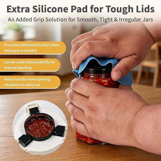 4-in-1 Jar Opener for Weak Hands, Adjustable Lid Opener with Silicone Grip Pad, Easy Open Kitchen Tool for Seniors, Bottles, Caps & Jars