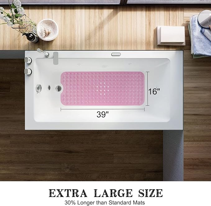 Bathtub and Shower Mats, Extra Long Non-Slip Bath Tub Mat 39 x 16 Inch, Machine Washable Bathmat with Suction Cups & Drain Holes for Bathroom Floor, Pink